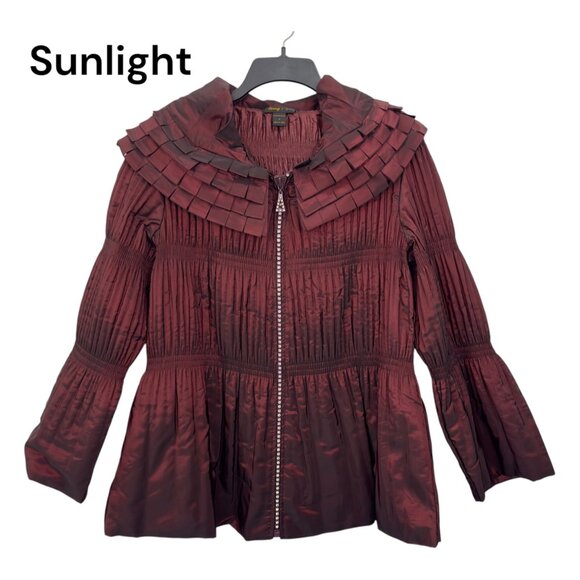 Jerry T Womens Pleated Burgundy Jacket With Unique Collar & Flared Sleeves Size - Picture 1 of 12